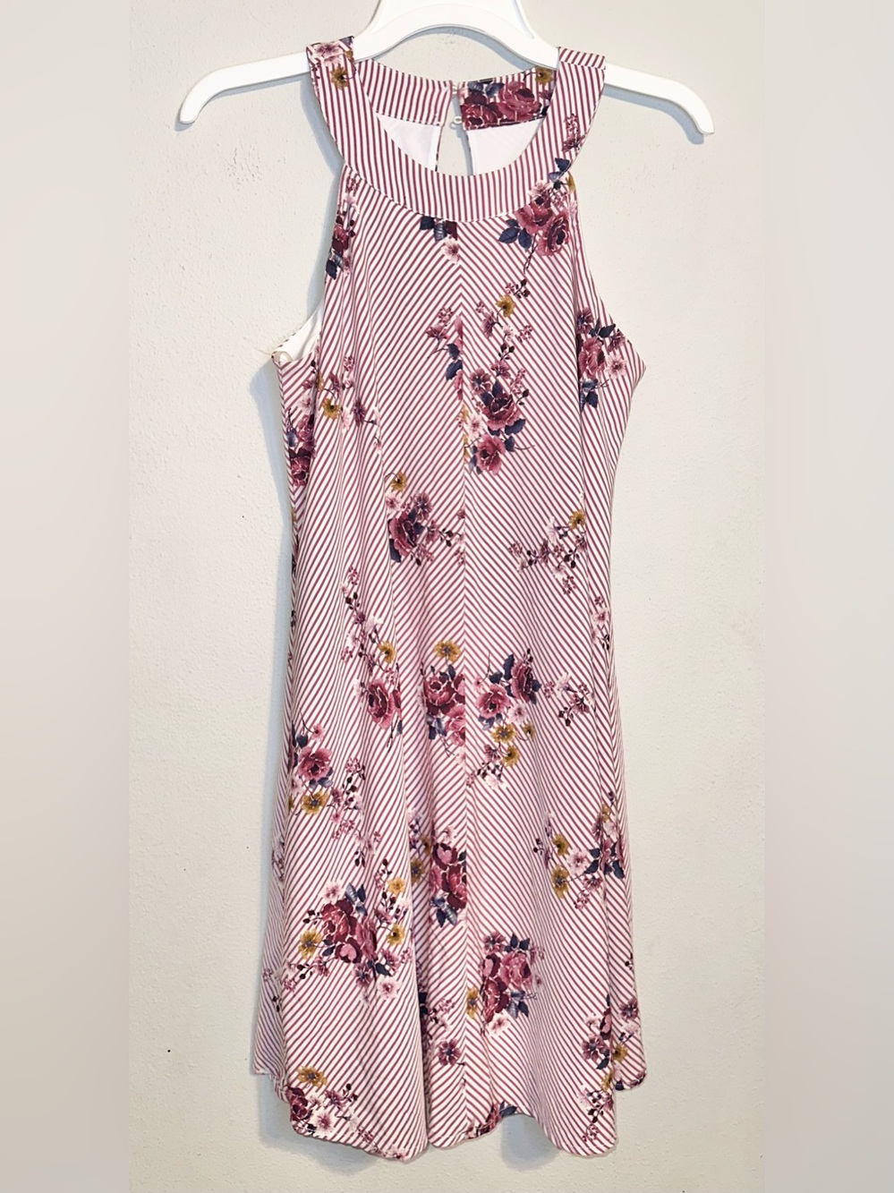 Three Hearts Pink Striped Floral Halter Dress